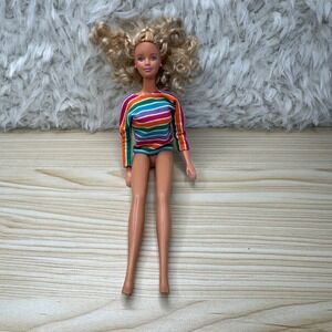 Vtg Barbie Doll Blonde Curly Hair Pink‎ Earrings Rainbow Top from 1980's